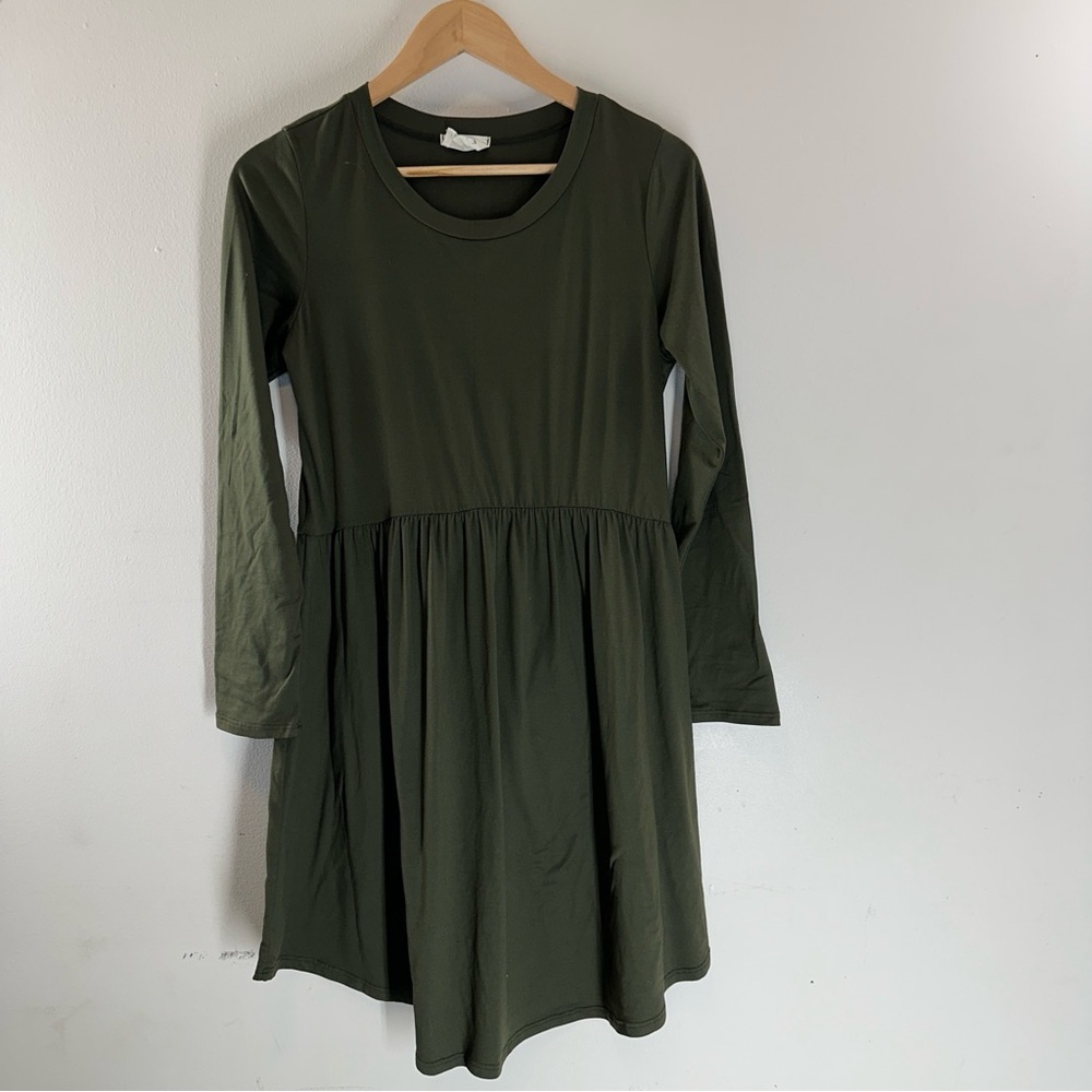 Betsey’s Boutique Shop Olive Green Long Sleeve Dress Gathered Babydoll Mini M